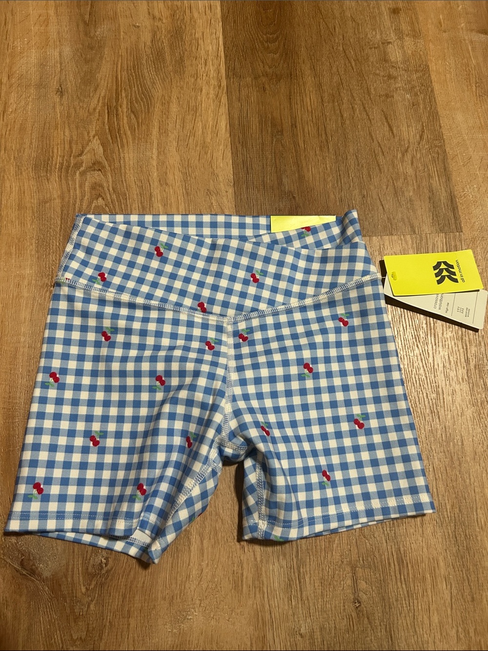 all in motion Blue Gingham Bike Shorts with Red Cherry Print